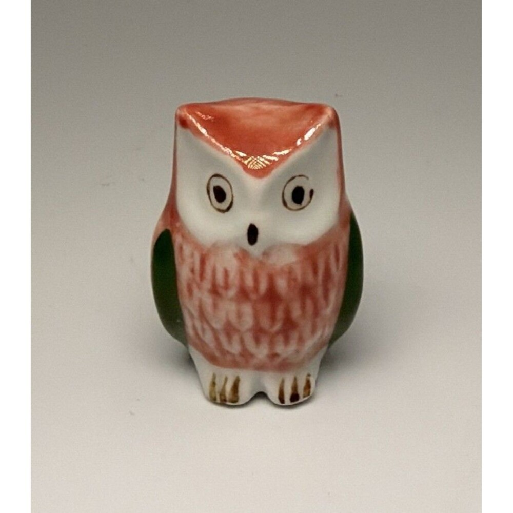 Vintage Mini Ceramic Owl Figurine Trinket Pink Green Mid Century Japan 1.5”